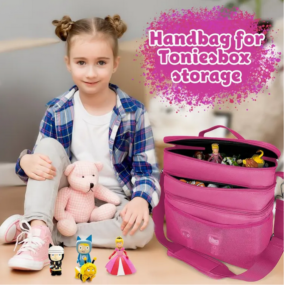 Geanta organizatoare pentru jucarii, cu 3 compartimente, ideala pentru Toniebox, Tigerbox, figurine audio, casti si accesorii, mov/textil [5]