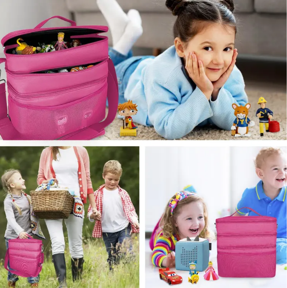 Geanta organizatoare pentru jucarii, cu 3 compartimente, ideala pentru Toniebox, Tigerbox, figurine audio, casti si accesorii, mov/textil [4]