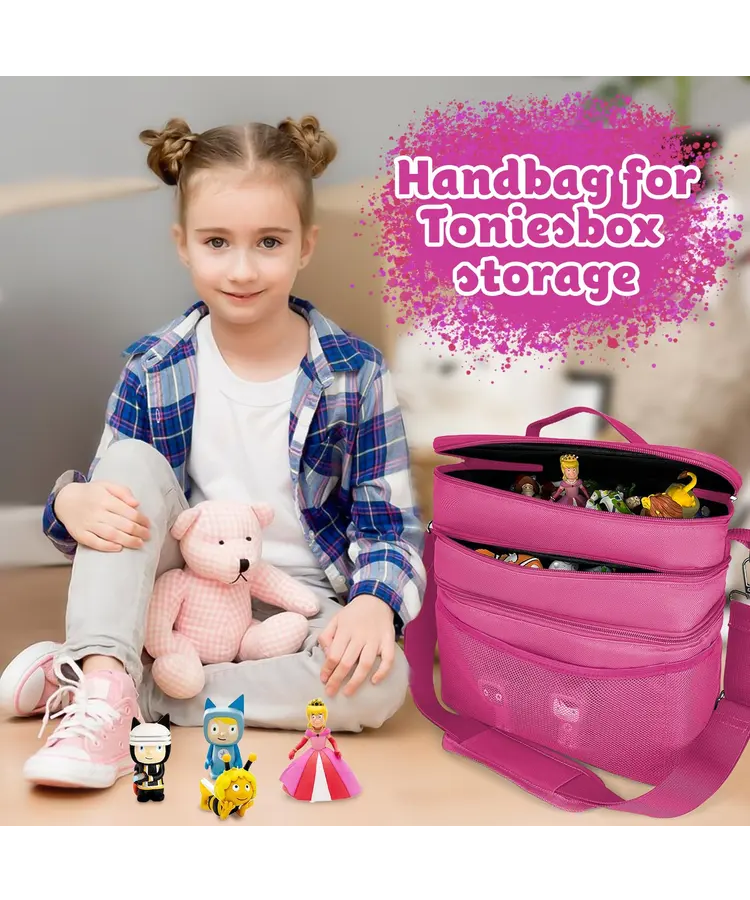 Geanta organizatoare pentru jucarii, cu 3 compartimente, ideala pentru Toniebox, Tigerbox, figurine audio, casti si accesorii, roz/piele [5]