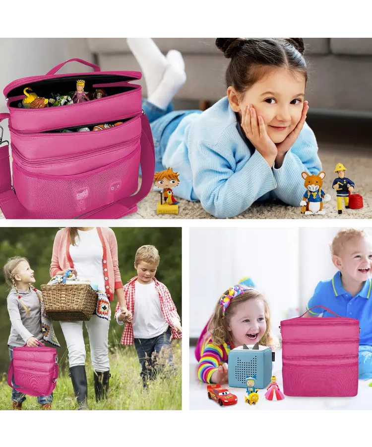 Geanta organizatoare pentru jucarii, cu 3 compartimente, ideala pentru Toniebox, Tigerbox, figurine audio, casti si accesorii, roz/piele [4]