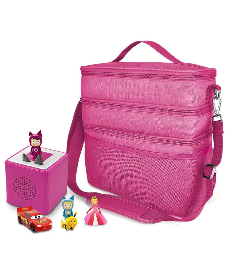 Geanta organizatoare pentru jucarii, cu 3 compartimente, ideala pentru Toniebox, Tigerbox, figurine audio, casti si accesorii, roz/piele [1]