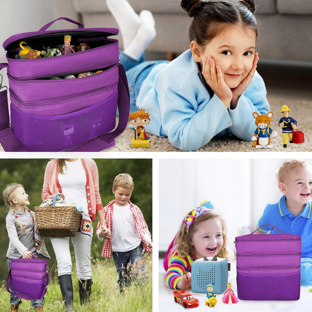 Geanta organizatoare pentru jucarii, cu 3 compartimente, ideala pentru Toniebox, Tigerbox, figurine audio, casti si accesorii, violet/Piele [4]
