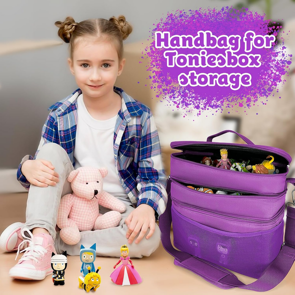 Geanta organizatoare pentru jucarii, cu 3 compartimente, ideala pentru Toniebox, Tigerbox, figurine audio, casti si accesorii, violet/Piele [5]