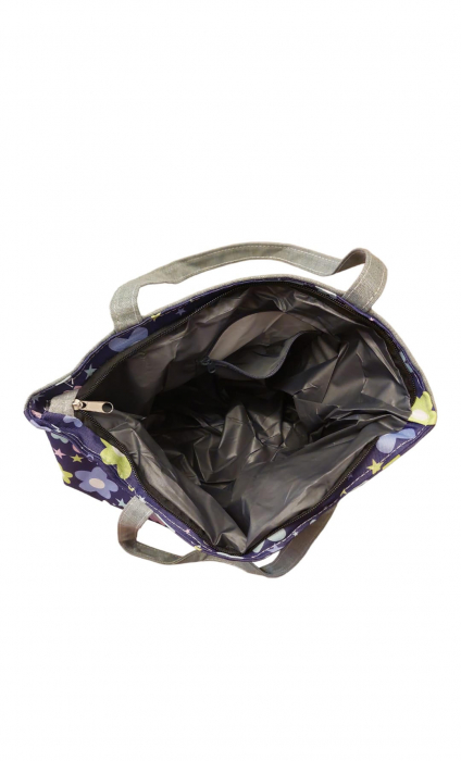 Geanta plaja, 40x31 cm, Albastru cu flori multicolore, 100% bumbac [2]