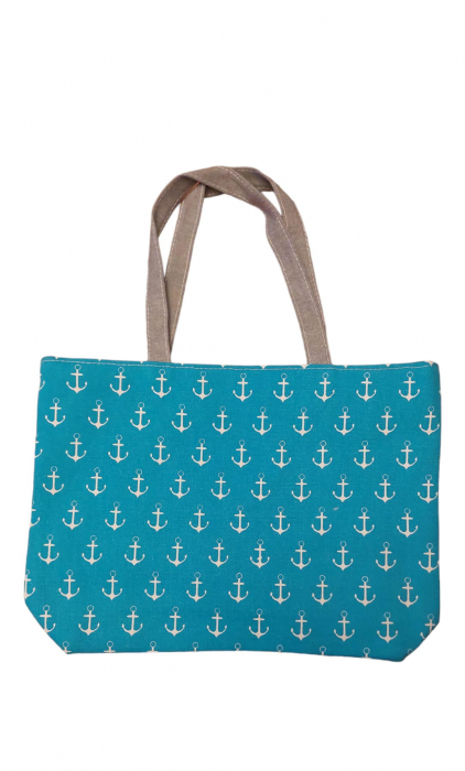 Geanta plaja, 42x31 cm, turcoaz cu imprimeu ancore, 100% bumbac [1]