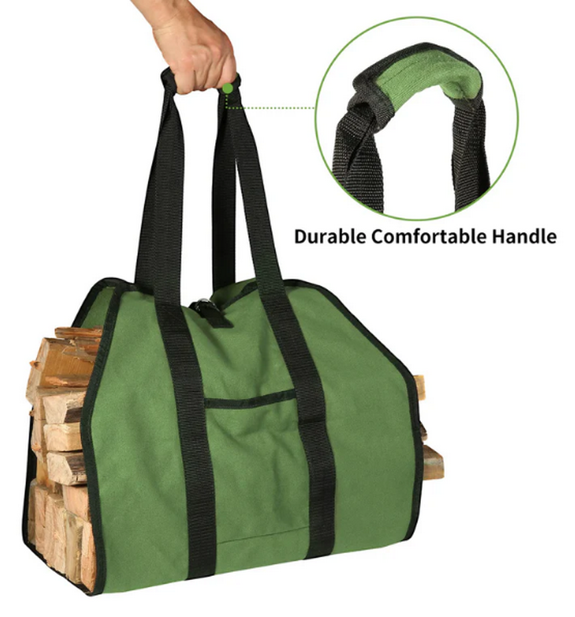 Geantă Suport Lemne de Foc EGrow, Pânză Verde Durabilă, Mânere Confortabile, Capacitate Mare 99x45.7 cm, Ideală pentru Șemineu, Camping sau Grădină [4]
