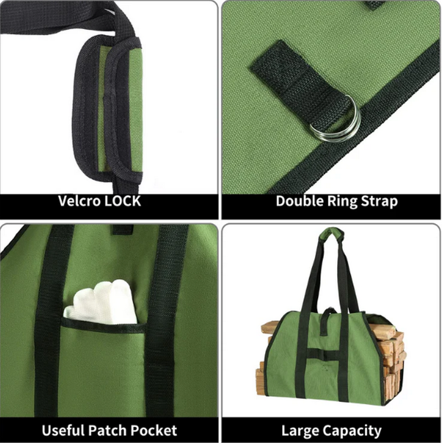 Geantă Suport Lemne de Foc EGrow, Pânză Verde Durabilă, Mânere Confortabile, Capacitate Mare 99x45.7 cm, Ideală pentru Șemineu, Camping sau Grădină [3]