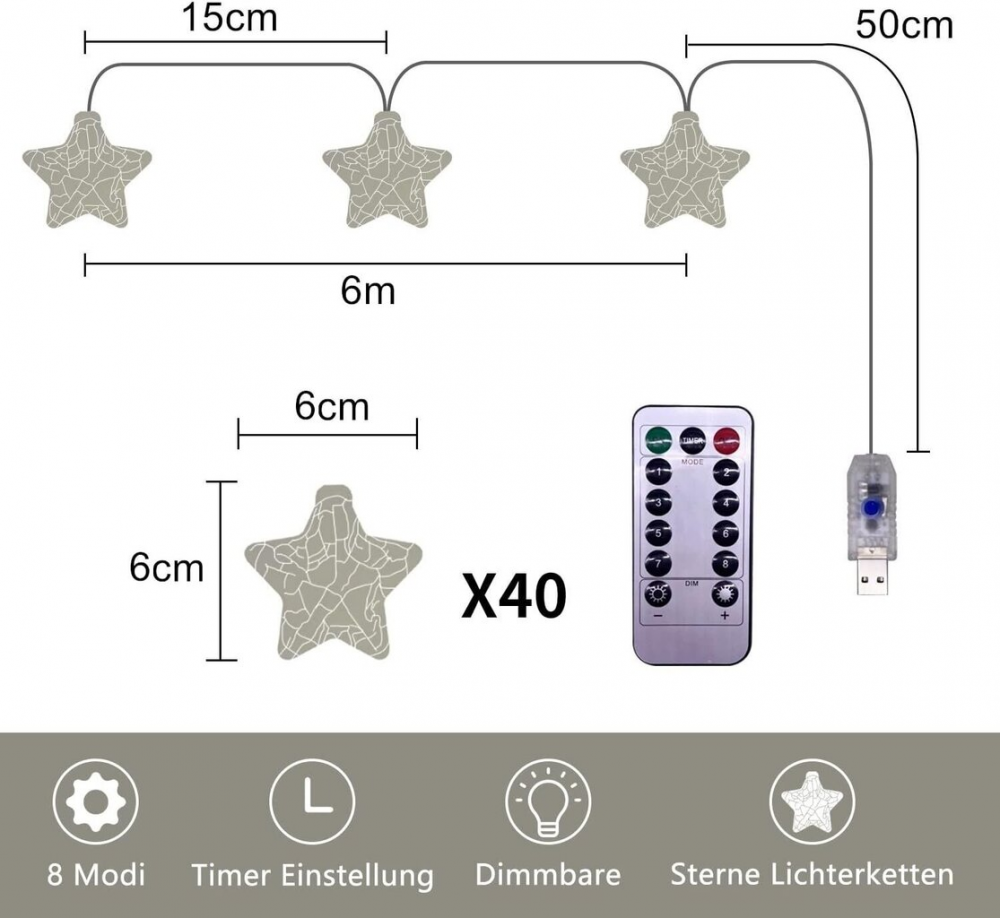 Ghirlanda luminoasa decorativa LED, lungime 6 m, 20 becuri, luminite stele cu telecomanda, galben [3]