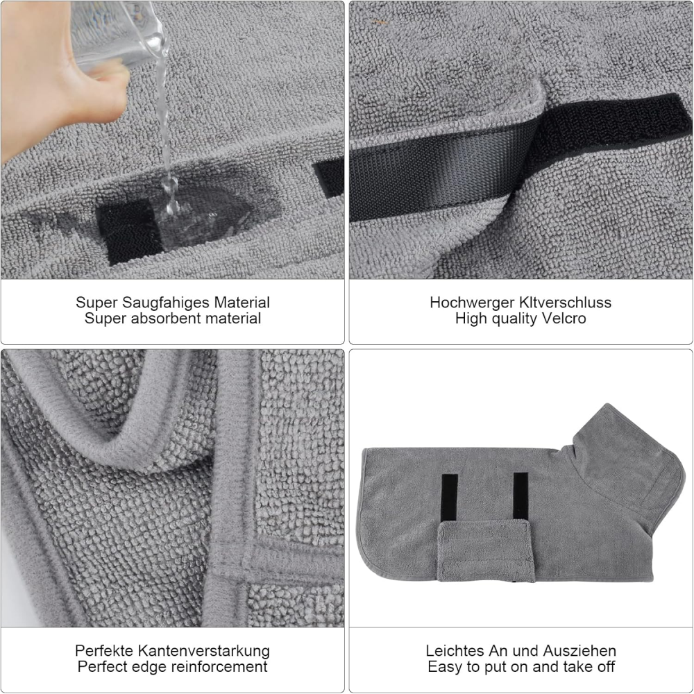 Halat de baie din microfibră pentru câini, cu închidere Velcro, gri, marime M [3]