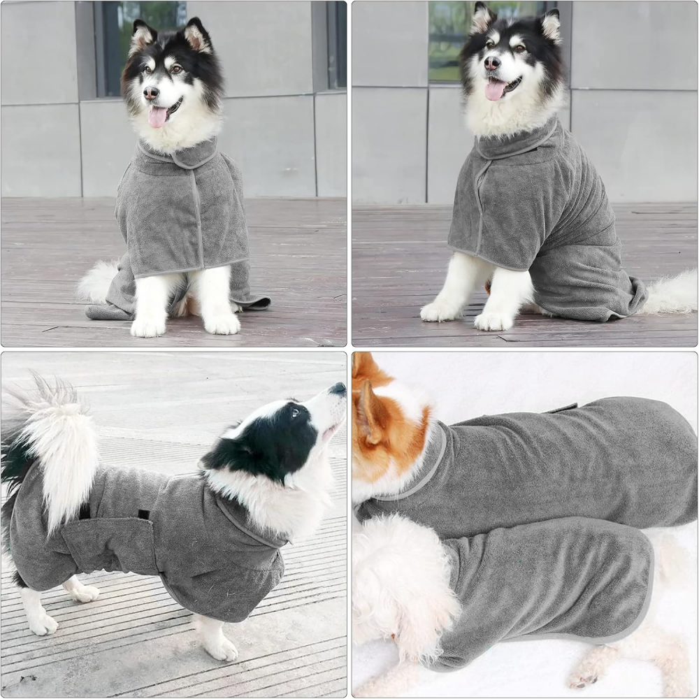 Halat de baie din microfibră pentru câini, cu închidere Velcro, gri, marime M [6]