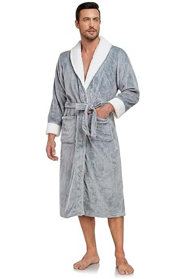 Halat de baie luxos pentru bărbați, din fleece moale cu guler tip șal – lung, călduros și confortabil, cu buzunare, gri inchis, Marime XL [2]