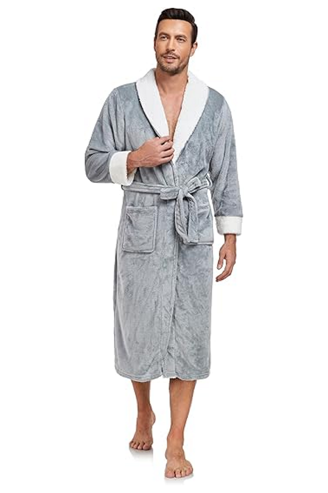 Halat de baie luxos pentru bărbați, din fleece moale cu guler tip șal – lung, călduros și confortabil, cu buzunare, gri inchis, Marime XL [1]