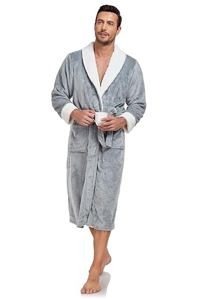 Halat de baie luxos pentru bărbați, din fleece moale cu guler tip șal – lung, călduros și confortabil, cu buzunare, gri inchis, Marime XL [4]