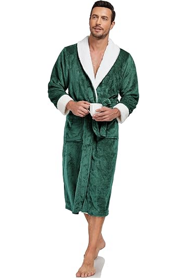 Halat de baie luxos pentru bărbați, din fleece moale cu guler tip șal – lung, călduros și confortabil, cu buzunare, verde inchis [4]