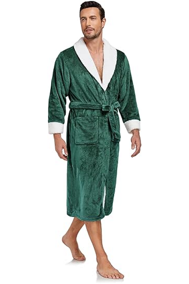 Halat de baie luxos pentru bărbați, din fleece moale cu guler tip șal – lung, călduros și confortabil, cu buzunare, verde inchis [1]