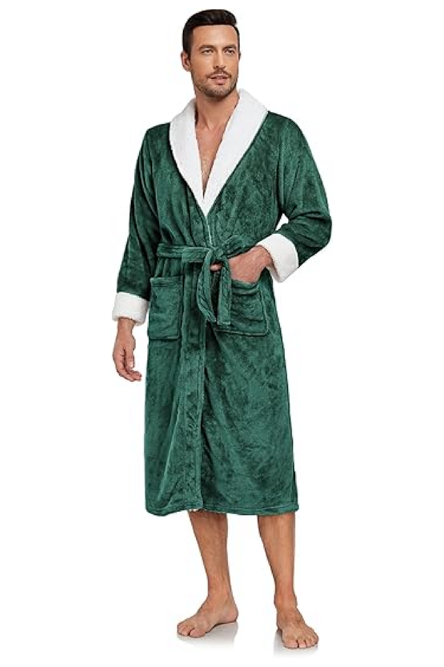 Halat de baie luxos pentru bărbați, din fleece moale cu guler tip șal – lung, călduros și confortabil, cu buzunare, verde inchis [2]