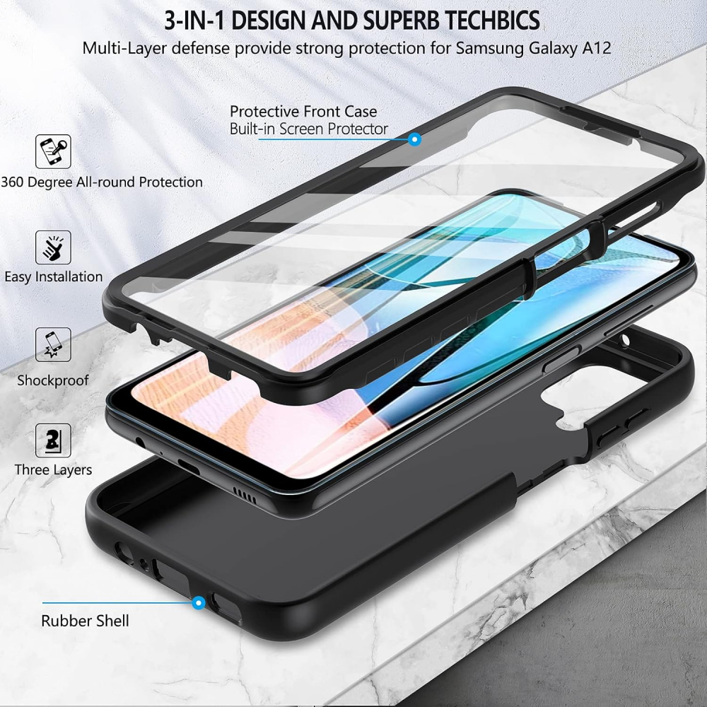 Husă BESINPO pentru Samsung Galaxy A12 și M12, 6.5 inch, Protecție 360° din Silicon cu Ecran Integrat, Negru [3]