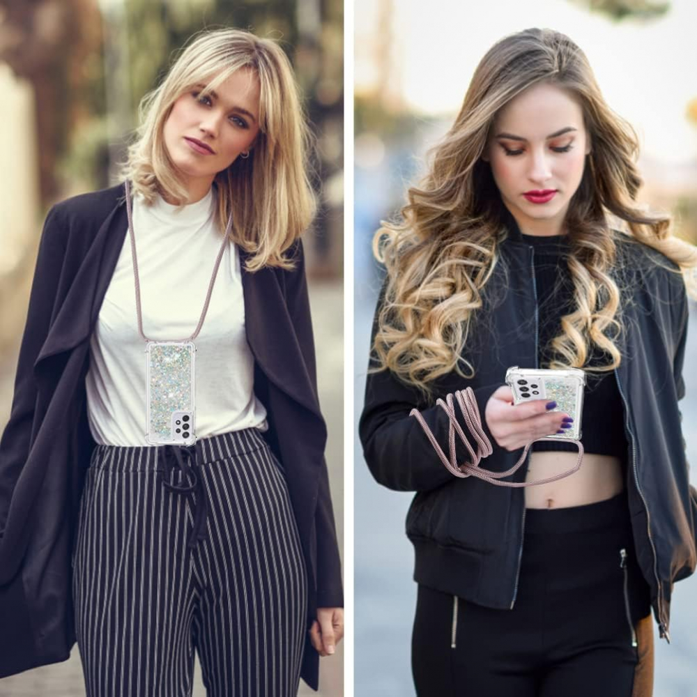 Husa cu lichid si sclipici 3D, Mkej, cu snur, pentru Samsung Galaxy A33 5G, Roz Auriu [4]