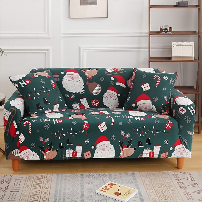 Husă de Canapea de Crăciun Yiran Verde, Cu Elastic și Design Moș Crăciun, pentru 2 Locuri, 145 x 185 cm, TAFX [2]