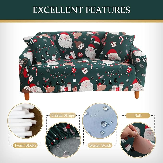 Husă de Canapea de Crăciun Yiran Verde, Cu Elastic și Design Moș Crăciun, pentru 2 Locuri, 145 x 185 cm, TAFX [4]