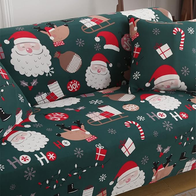 Husă de Canapea de Crăciun Yiran Verde, Cu Elastic și Design Moș Crăciun, pentru 2 Locuri, 145 x 185 cm, TAFX [3]