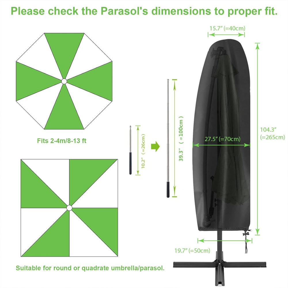 Husă de Protecție pentru Umbrelă de Terasă YuYo, Neagră, 265 x 50 x 70 x 40 cm, Rezistentă la Apă și UV, cu Fermuar și Tijă Telescopică [2]