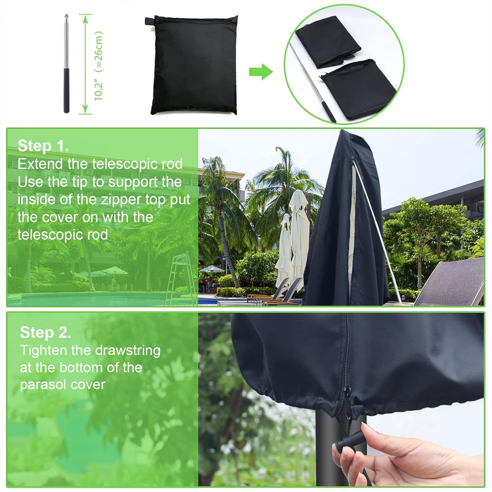 Husă de Protecție pentru Umbrelă de Terasă YuYo, Neagră, 265 x 50 x 70 x 40 cm, Rezistentă la Apă și UV, cu Fermuar și Tijă Telescopică [5]