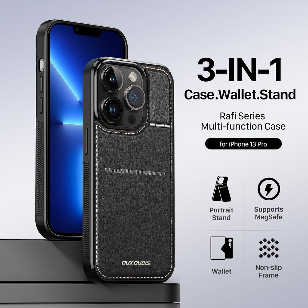 Husă din Piele pentru iPhone 13 Pro (6.1"), cu Suport, Sloturi Card și Protecție RFID, Compatibilă cu MagSafe, DUX DUCIS, Neagră [3]