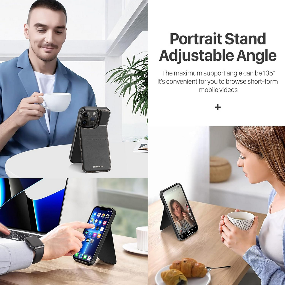 Husă din Piele pentru iPhone 13 Pro (6.1"), cu Suport, Sloturi Card și Protecție RFID, Compatibilă cu MagSafe, DUX DUCIS, Neagră [2]