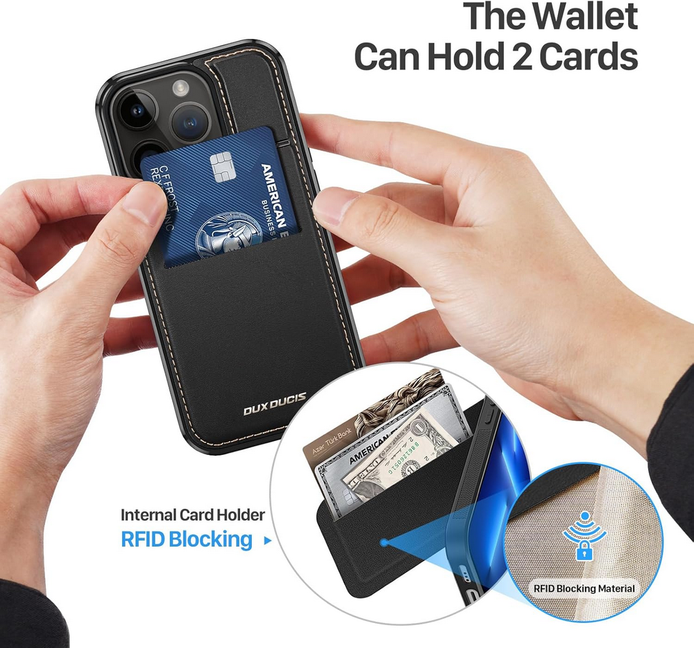 Husă din Piele pentru iPhone 13 Pro (6.1"), cu Suport, Sloturi Card și Protecție RFID, Compatibilă cu MagSafe, DUX DUCIS, Neagră [6]