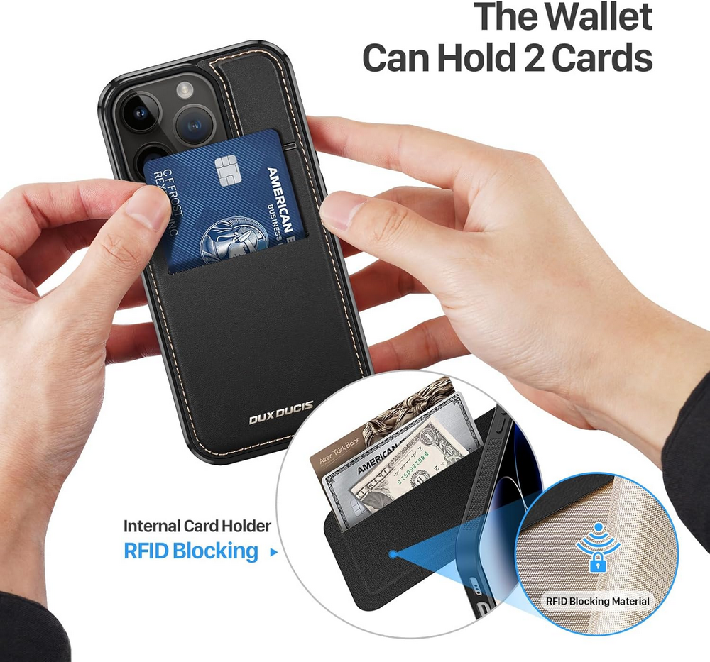 Husă din Piele pentru iPhone 13 Pro Max (6.7"), cu Suport, Sloturi Card și Protecție RFID, Compatibilă cu MagSafe, DUX DUCIS, Neagră [4]