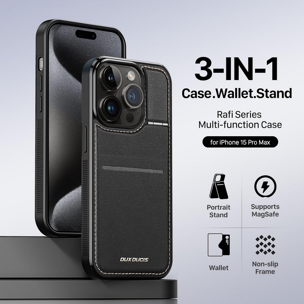 Husă din Piele pentru iPhone 13 Pro Max (6.7"), cu Suport, Sloturi Card și Protecție RFID, Compatibilă cu MagSafe, DUX DUCIS, Neagră [3]