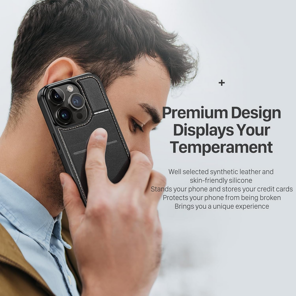 Husă din Piele pentru iPhone 13 Pro Max (6.7"), cu Suport, Sloturi Card și Protecție RFID, Compatibilă cu MagSafe, DUX DUCIS, Neagră [9]