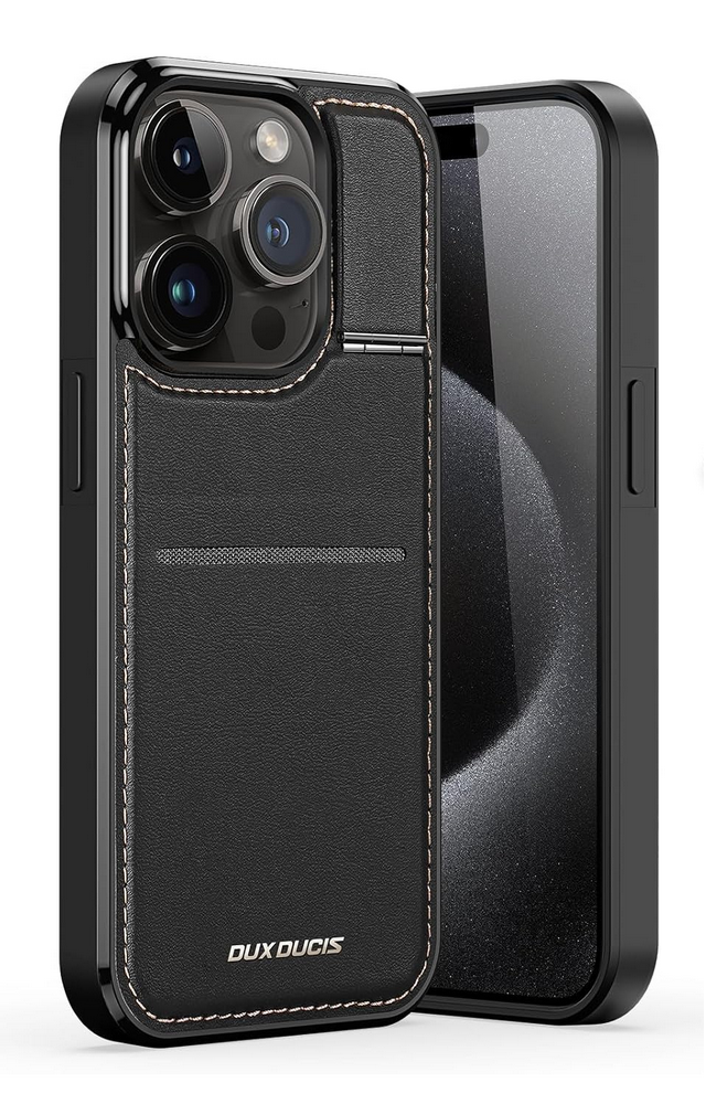 Husă din Piele pentru iPhone 13 Pro Max (6.7"), cu Suport, Sloturi Card și Protecție RFID, Compatibilă cu MagSafe, DUX DUCIS, Neagră [1]