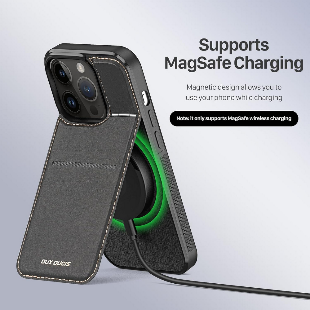 Husă din Piele pentru iPhone 15 Pro Max/Ultra (6.7"), cu Suport, Sloturi Card și Protecție RFID, Compatibilă cu MagSafe, DUX DUCIS, Neagră [7]