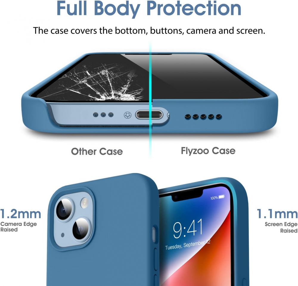 Husă Flyzoo din Silicon Lichid pentru iPhone 14 Plus 6.7, Rezistentă la Zgârieturi, Anti-Amprentă, Protecție Integrală, Albastră [3]
