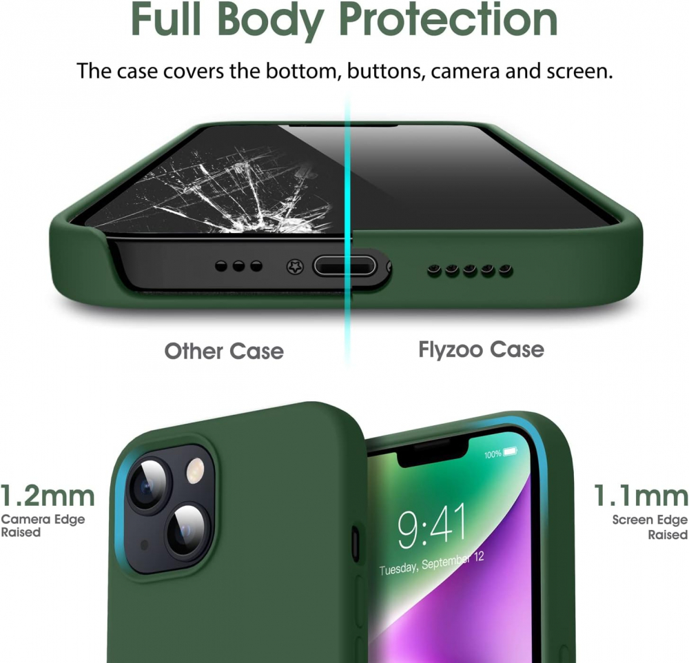Husă Flyzoo din Silicon Lichid pentru iPhone 14 Plus 6.7, Rezistentă la Zgârieturi, Anti-Amprentă, Protecție Totală, Verde [2]