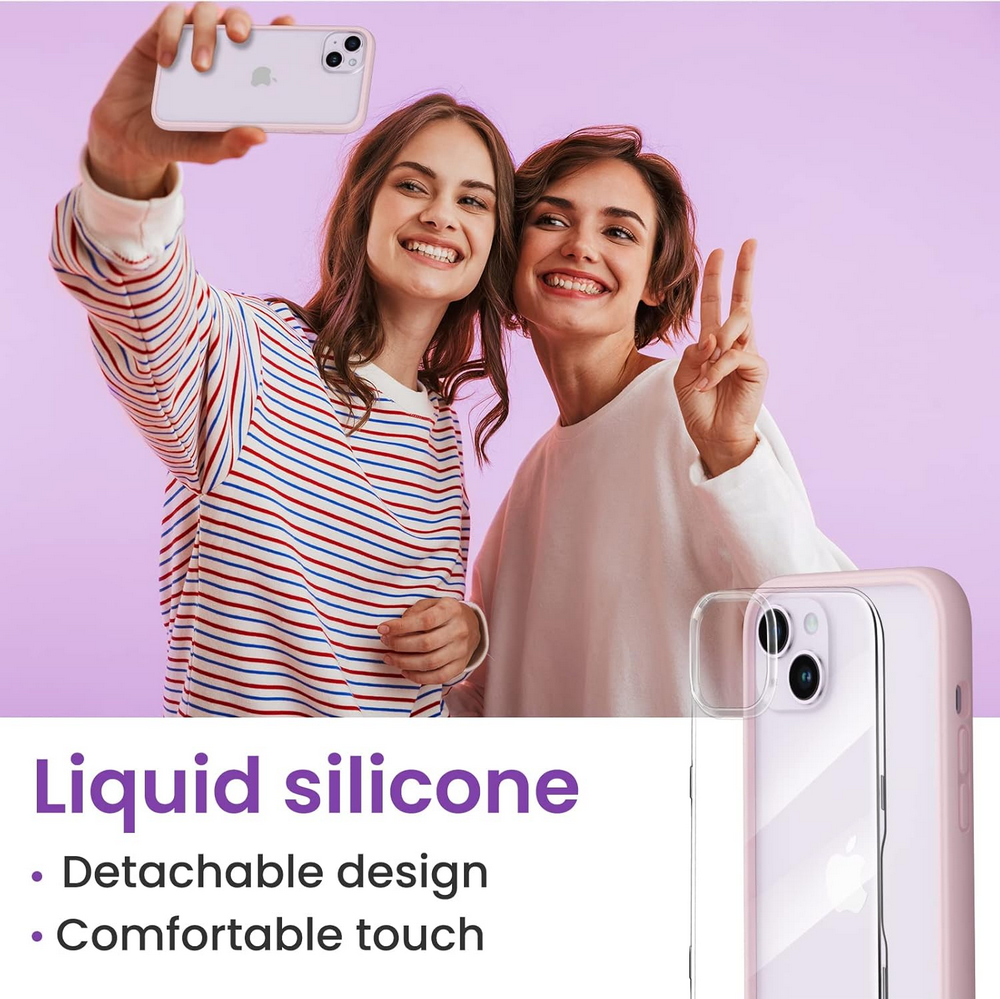 Husă ORNARTO Compatibilă cu iPhone 14 Plus 6.7", Tip Bumper cu 2 Folii de Protecție, Gel de Silicon Lichid, Protecție Completă, Spate Transparent Detașabil, roz [5]