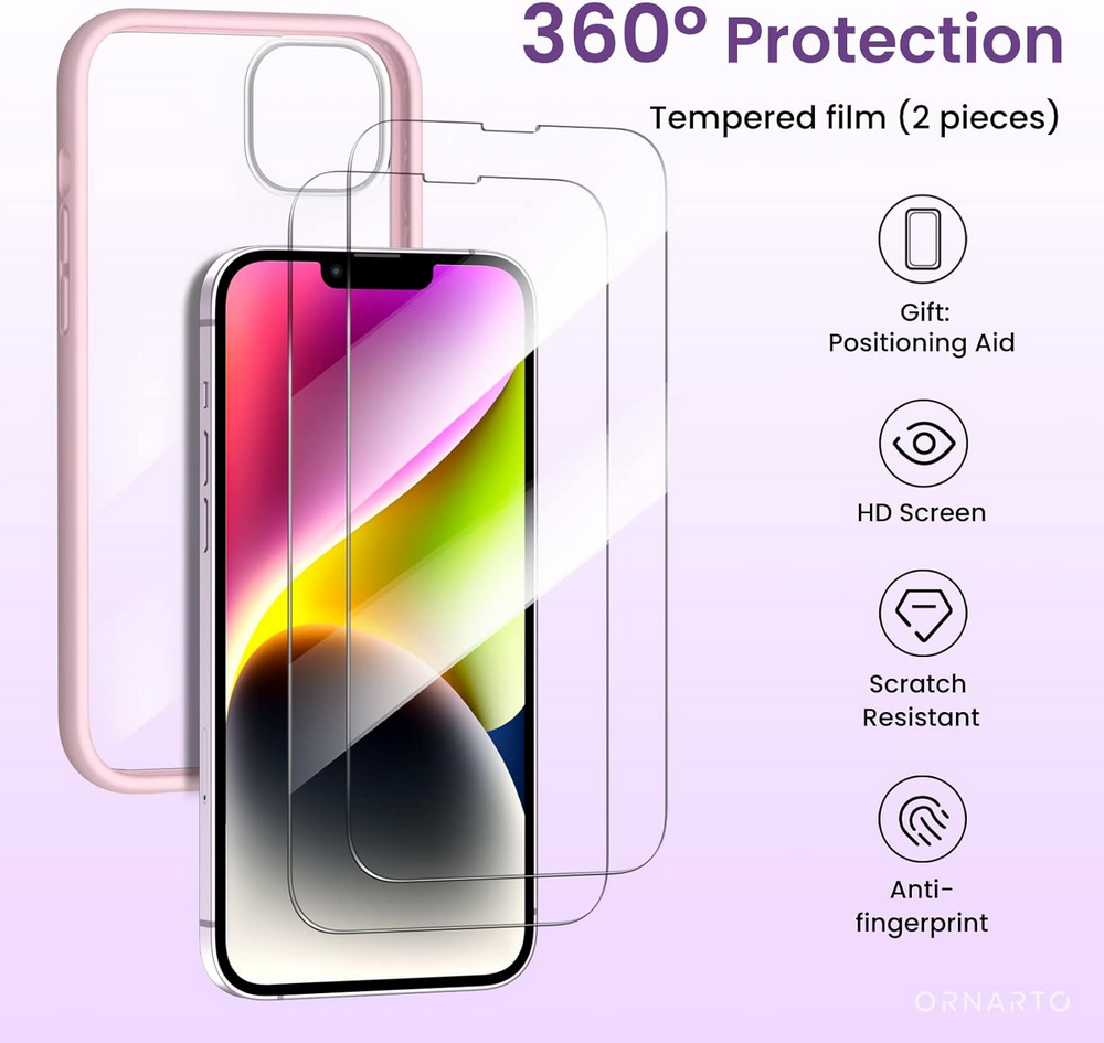 Husă ORNARTO Compatibilă cu iPhone 14 Plus 6.7", Tip Bumper cu 2 Folii de Protecție, Gel de Silicon Lichid, Protecție Completă, Spate Transparent Detașabil, roz [3]