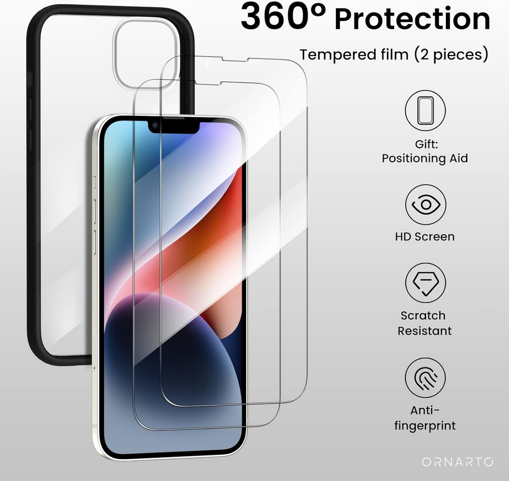Husă ORNARTO Compatibilă cu iPhone 14 Plus 6.7", Tip Bumper cu 2 Folii de Protecție, Gel de Silicon Lichid, Protecție Completă, Spate Transparent Detașabil, Negru [3]