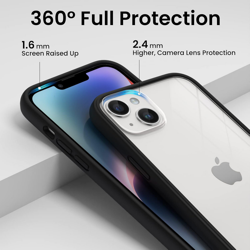 Husă ORNARTO Compatibilă cu iPhone 14 Plus 6.7", Tip Bumper cu 2 Folii de Protecție, Gel de Silicon Lichid, Protecție Completă, Spate Transparent Detașabil, Negru [4]