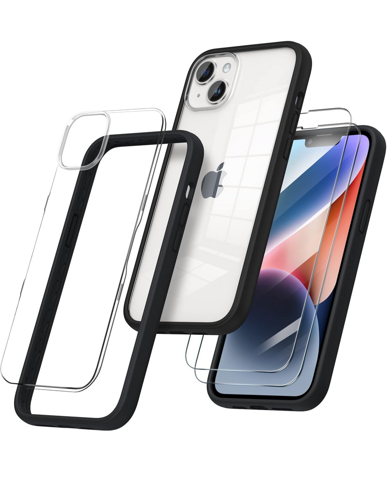 Husă ORNARTO Compatibilă cu iPhone 14 Plus 6.7", Tip Bumper cu 2 Folii de Protecție, Gel de Silicon Lichid, Protecție Completă, Spate Transparent Detașabil, Negru [1]