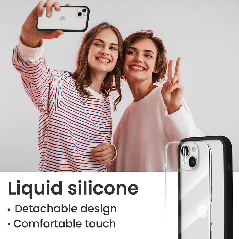 Husă ORNARTO Compatibilă cu iPhone 14 Plus 6.7", Tip Bumper cu 2 Folii de Protecție, Gel de Silicon Lichid, Protecție Completă, Spate Transparent Detașabil, Negru [5]