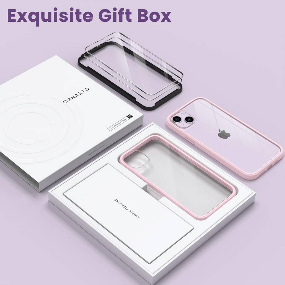 Husă ORNARTO Compatibilă cu iPhone 14 Plus 6.7", Tip Bumper cu 2 Folii de Protecție, Gel de Silicon Lichid, Protecție Completă, Spate Transparent Detașabil, roz [7]