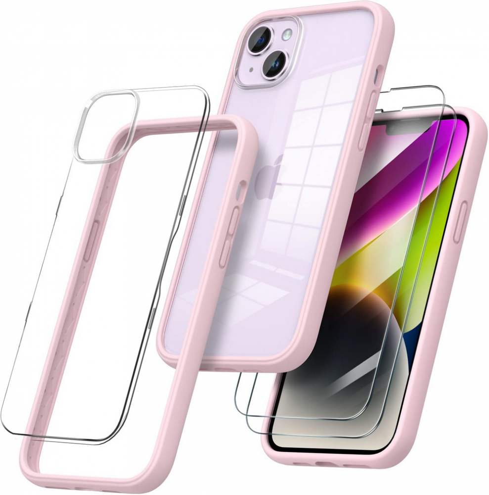 Husă ORNARTO Compatibilă cu iPhone 14 Plus 6.7", Tip Bumper cu 2 Folii de Protecție, Gel de Silicon Lichid, Protecție Completă, Spate Transparent Detașabil, roz [1]