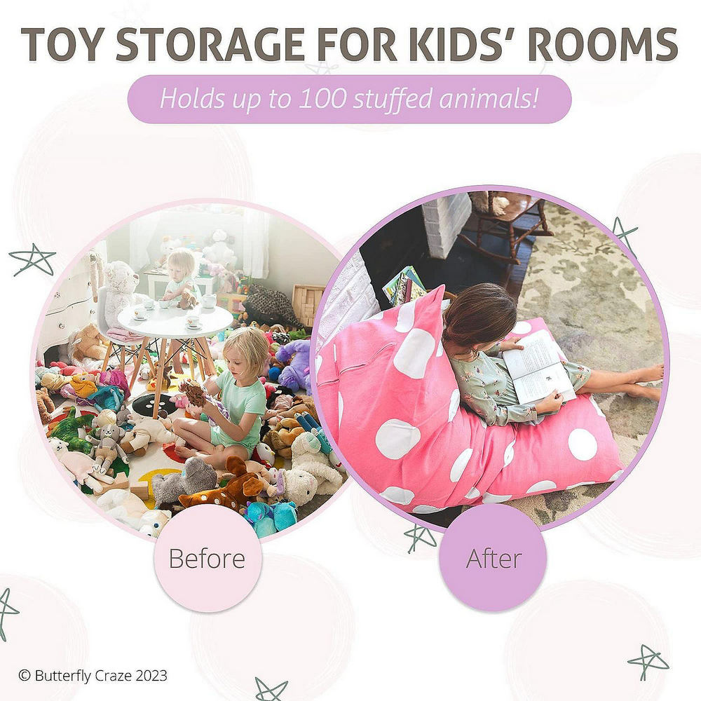 Husa pentru fotoliu tip Bean Bag Butterfly Craze – Organizator de jucarii pentru copii, model roz cu buline albe [4]
