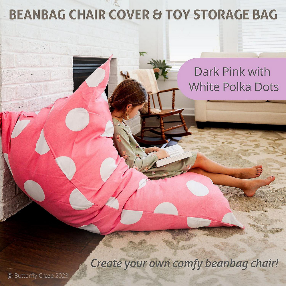Husa pentru fotoliu tip Bean Bag Butterfly Craze – Organizator de jucarii pentru copii, model roz cu buline albe [2]