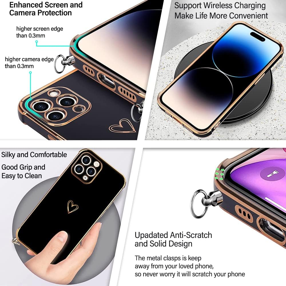 Husa pentru iPhone 15 Pro Max cu Snur – Model Inima, Silicon Electroplacat, Protectie Eleganta si Practica [6]