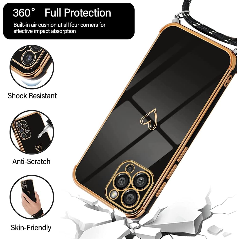 Husa pentru iPhone 15 Pro Max cu Snur – Model Inima, Silicon Electroplacat, Protectie Eleganta si Practica [5]