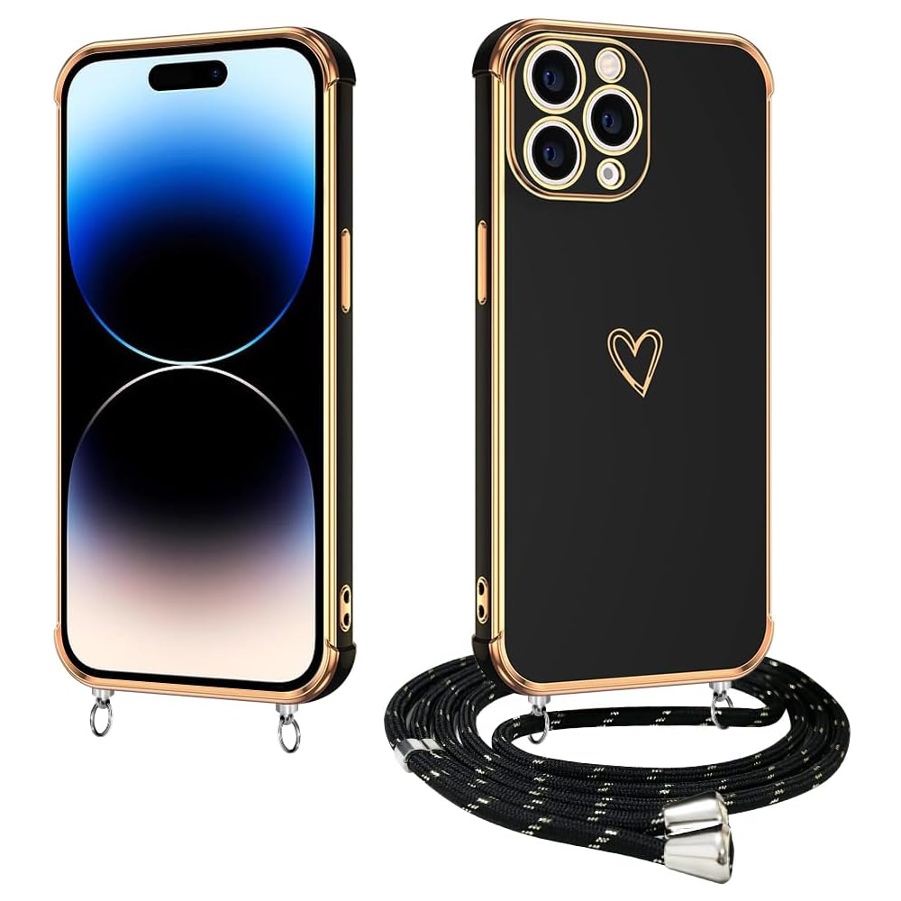 Husa pentru iPhone 15 Pro Max cu Snur – Model Inima, Silicon Electroplacat, Protectie Eleganta si Practica [1]